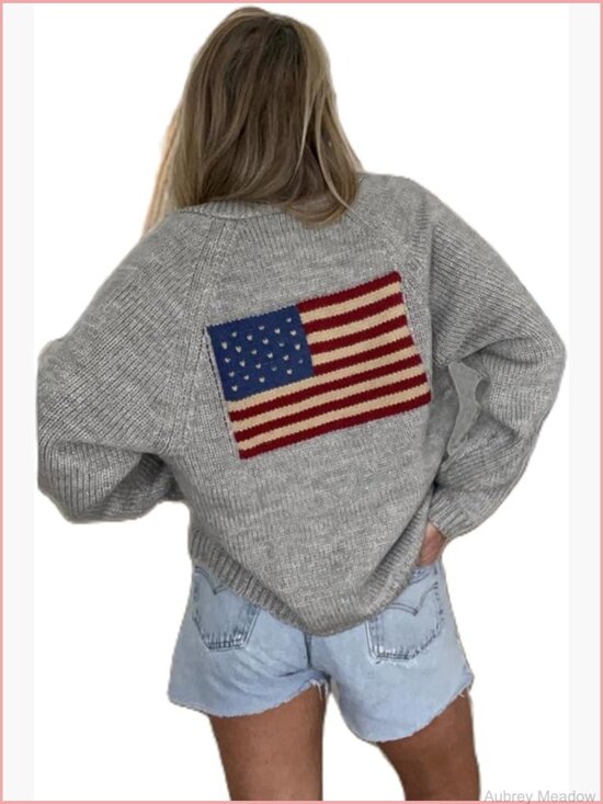 Sweaters - Open Front Knit Cardigan USA Flag Star Stripe Print Long Sleeve V-Neck